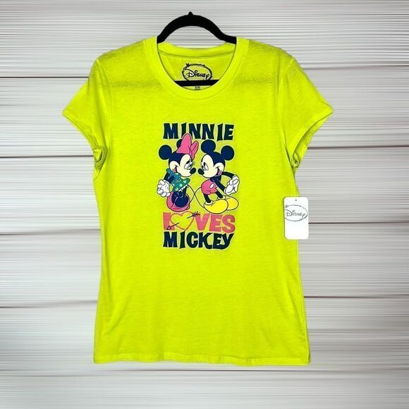 NWT Women's Minnie Loves Mickey Disney Neon Yellow T-Shirt Size L-XL - Picture 1 of 10